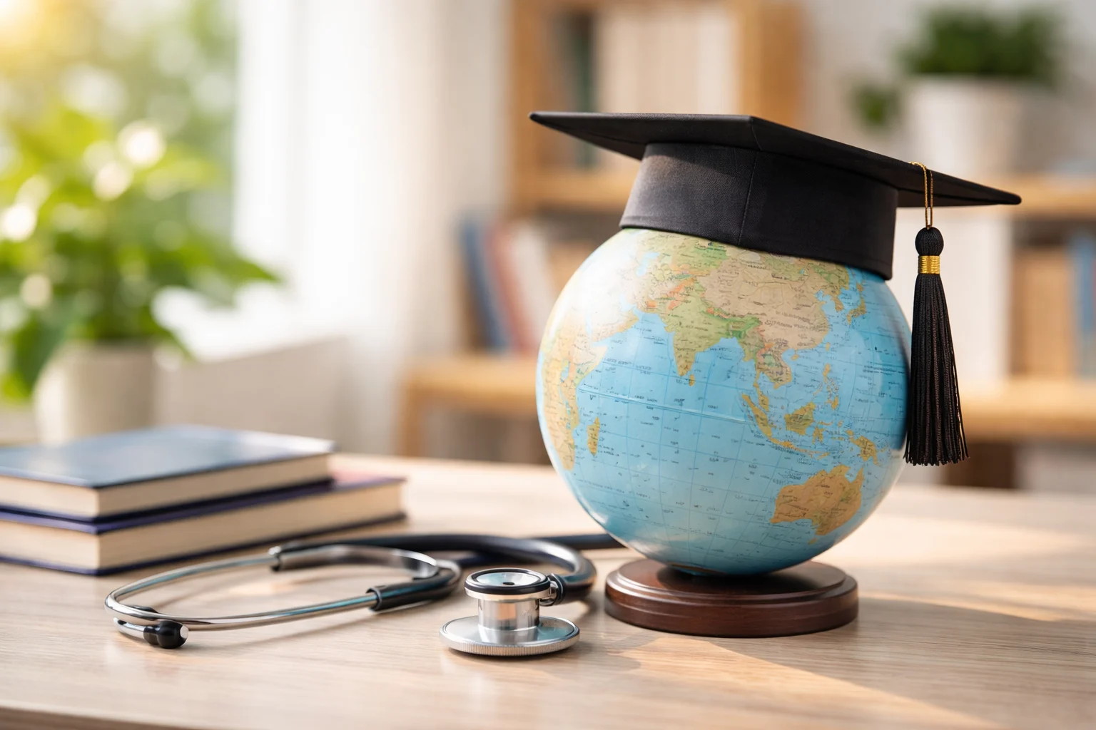 Graduate’s globe and stethoscope setup